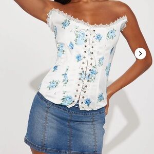 Floral Lace-Up Off-Shoulder corset Top - White and Blue large nwt
